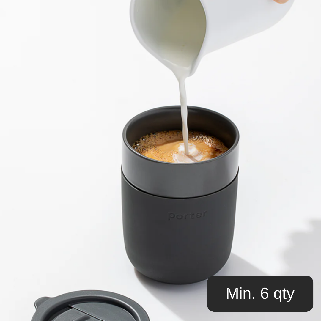 Porter Ceramic Mug 355ml Charcoal BPA free, protective silicone cover & lid