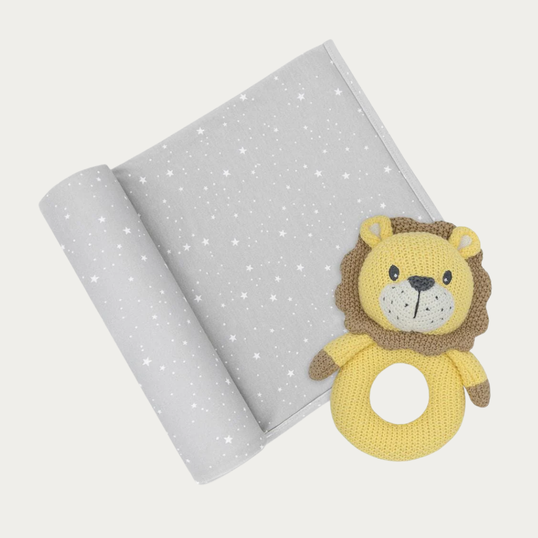 Swaddle Wrap & Lion Rattle Set 100% Cotton