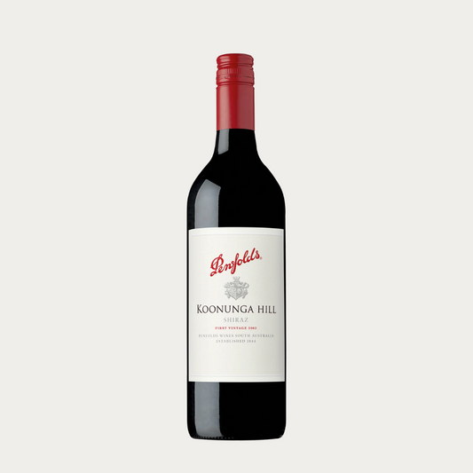 Penfolds Koonunga Hill Shiraz wine bottle on a light gray background